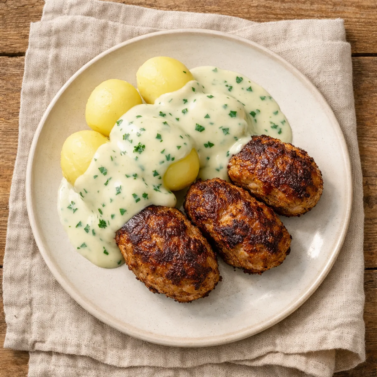 Frikadeller med kartofler og persillesovs